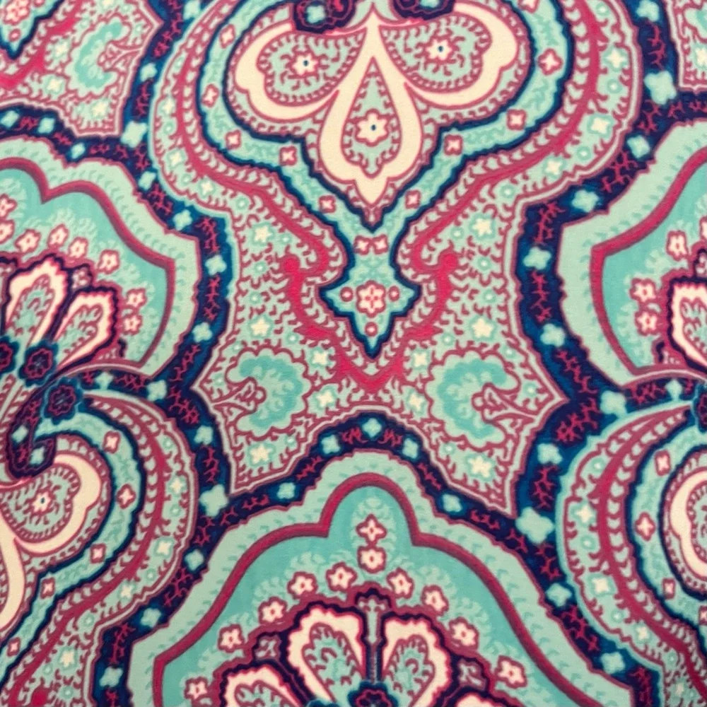 Michael Kors Blouse M/L Blue Multi Pattern RollTab Sleeve Elastic Gathered Waist